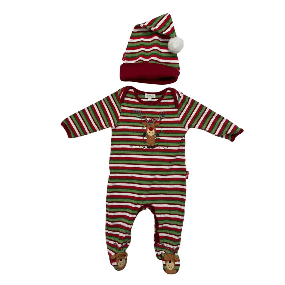 LE TOP Reindeer Stripe Ribbed Romper + Hat Size 6 Months Red Green White Cotton
